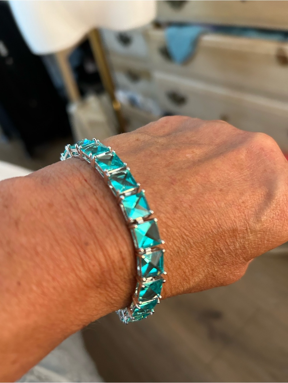 Aquamarine Crystal Tennis Bracelet  set in 925 silver Women Jewelry